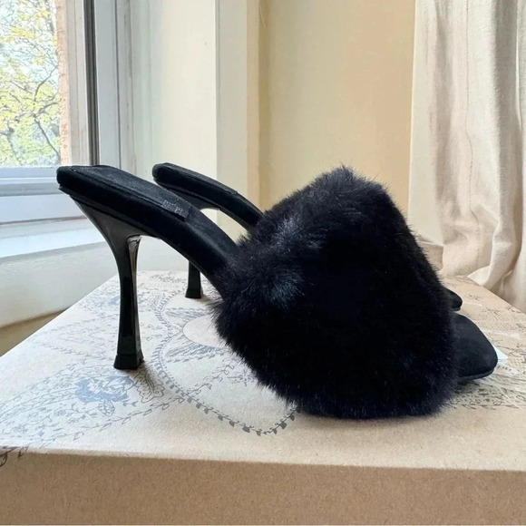 New Free People Jeffrey Campbell Utopic Faux Fur Heels Mules Sandals in Black - Picture 1 of 11